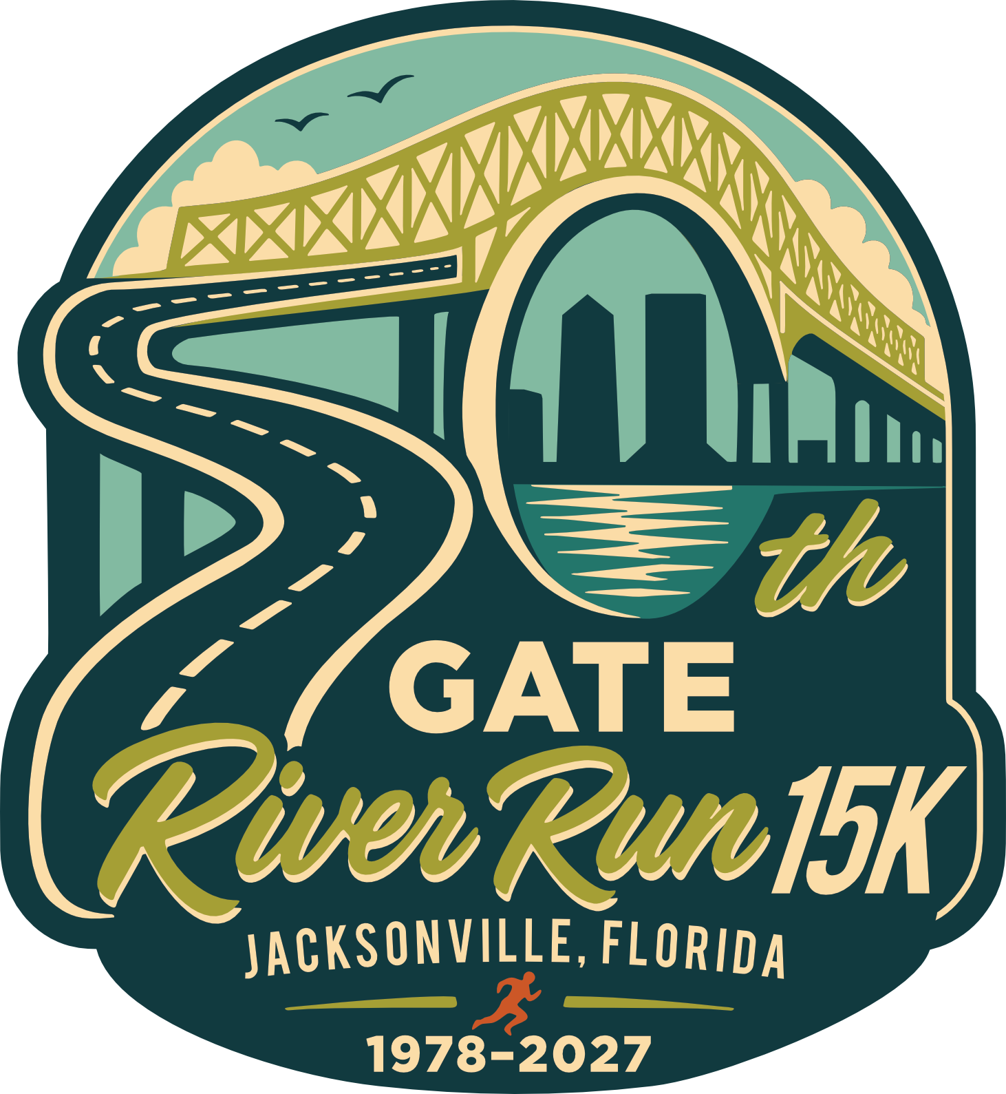 Gate River Run Logo • REVISION Gate River Run 50th Anniversary logo revised version Jacksonville skyline